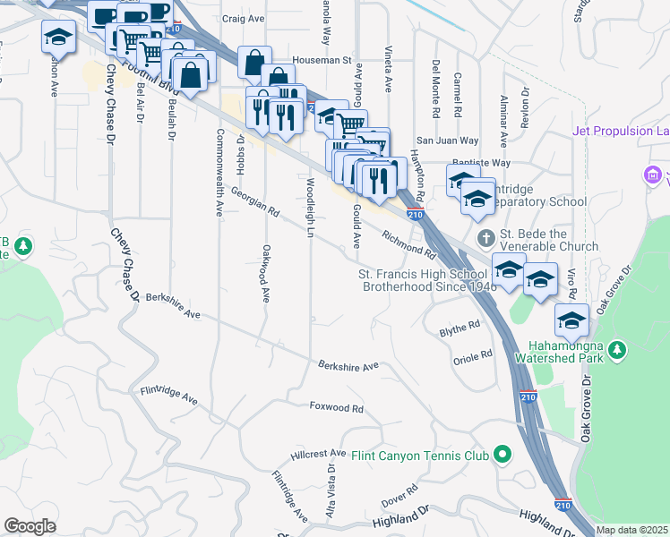 map of restaurants, bars, coffee shops, grocery stores, and more near 520 Georgian Road in La Cañada Flintridge
