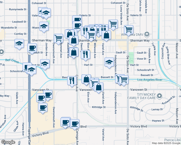 map of restaurants, bars, coffee shops, grocery stores, and more near 6922 Eton Avenue in Los Angeles
