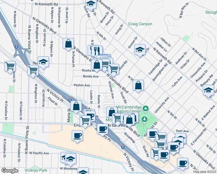 map of restaurants, bars, coffee shops, grocery stores, and more near 2025 North Glenoaks Boulevard in Burbank