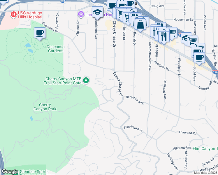 map of restaurants, bars, coffee shops, grocery stores, and more near 4281 Hampstead Road in La Cañada Flintridge