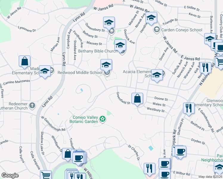 map of restaurants, bars, coffee shops, grocery stores, and more near 240 West Gainsborough Road in Thousand Oaks