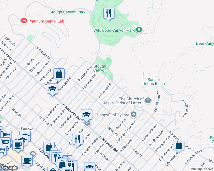 map of restaurants, bars, coffee shops, grocery stores, and more near 1065 East Harvard Road in Burbank