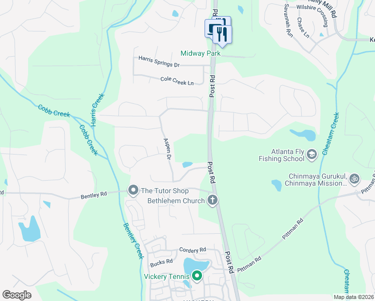 map of restaurants, bars, coffee shops, grocery stores, and more near 5364 Post Road in Cumming