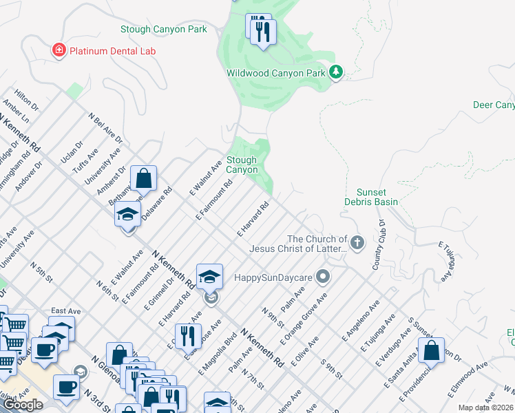 map of restaurants, bars, coffee shops, grocery stores, and more near 1065 East Harvard Road in Burbank