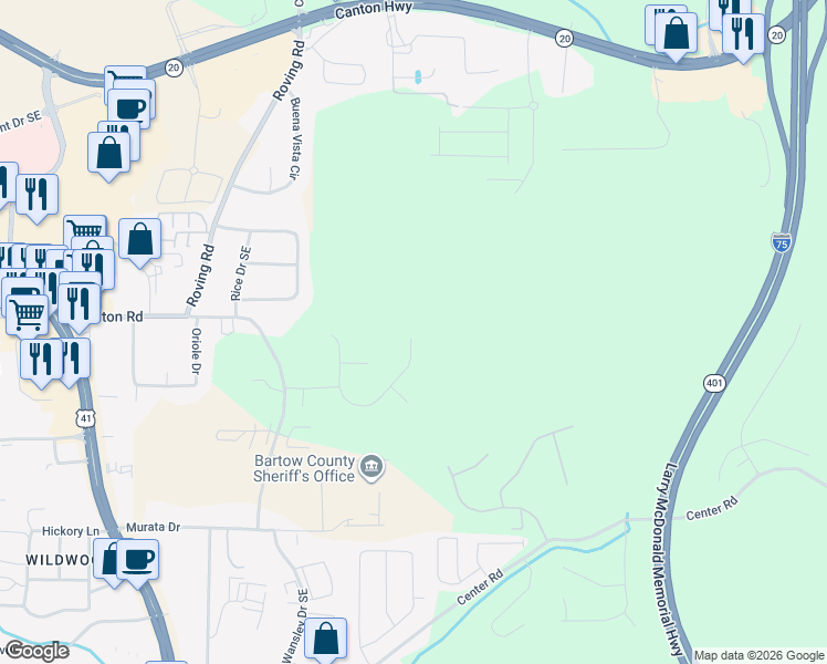 map of restaurants, bars, coffee shops, grocery stores, and more near 45 Clearview Drive in Cartersville
