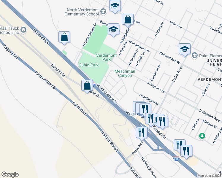 map of restaurants, bars, coffee shops, grocery stores, and more near 3469 West Little League Drive in San Bernardino