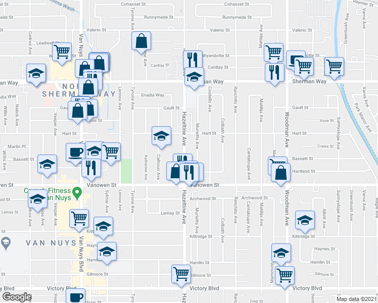 map of restaurants, bars, coffee shops, grocery stores, and more near 6939 Hazeltine Avenue in Los Angeles