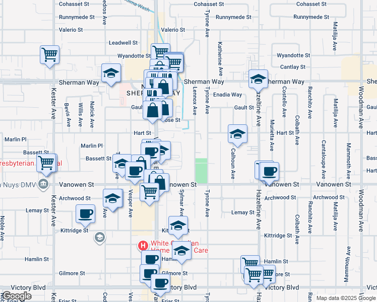 map of restaurants, bars, coffee shops, grocery stores, and more near 6951 Lennox Avenue in Los Angeles