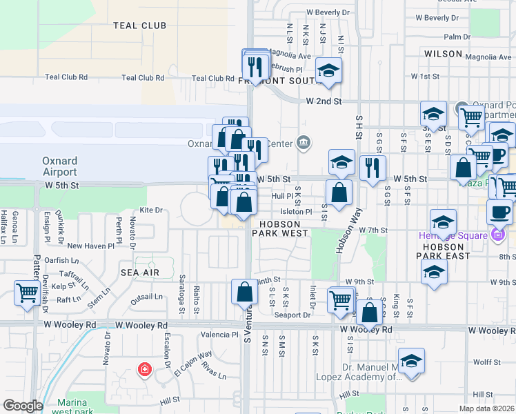 map of restaurants, bars, coffee shops, grocery stores, and more near 1400w Hull Place in Oxnard
