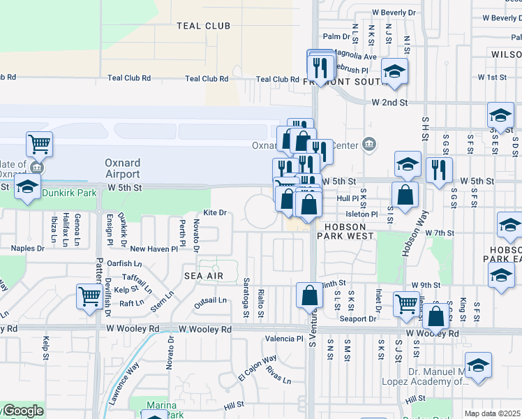 map of restaurants, bars, coffee shops, grocery stores, and more near 1600 West 5th Street in Oxnard