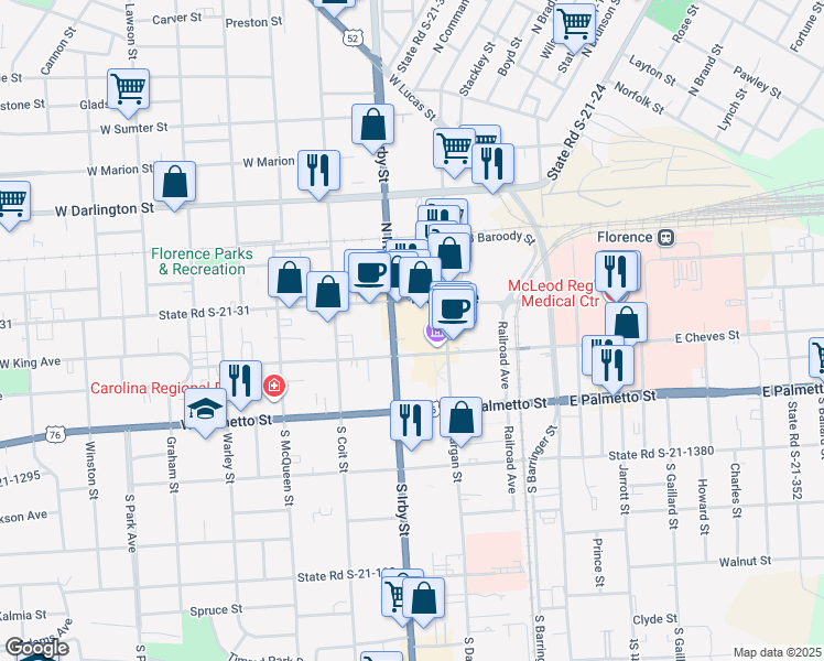 map of restaurants, bars, coffee shops, grocery stores, and more near 138 West Evans Street in Florence