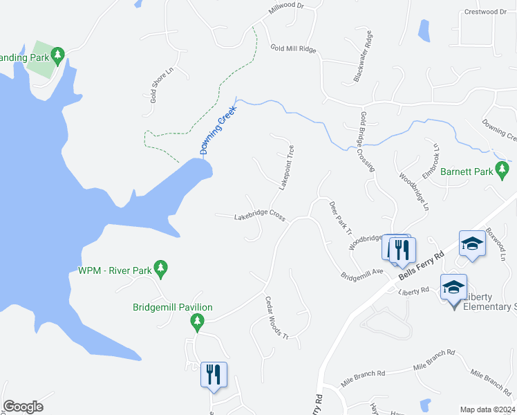 map of restaurants, bars, coffee shops, grocery stores, and more near 520 Waterside Court in Canton