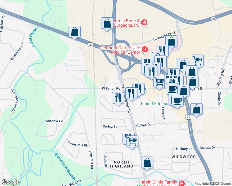 map of restaurants, bars, coffee shops, grocery stores, and more near 65 West Felton Road in Cartersville