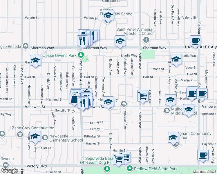 map of restaurants, bars, coffee shops, grocery stores, and more near 6921 Encino Avenue in Los Angeles