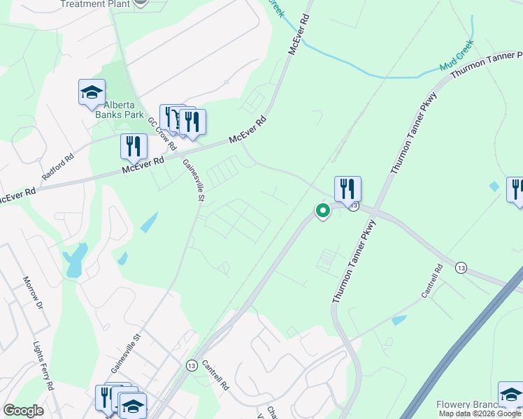 map of restaurants, bars, coffee shops, grocery stores, and more near 4695 Radford Road in Flowery Branch