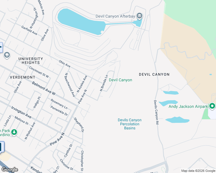 map of restaurants, bars, coffee shops, grocery stores, and more near 6384 North Ventura Avenue in San Bernardino