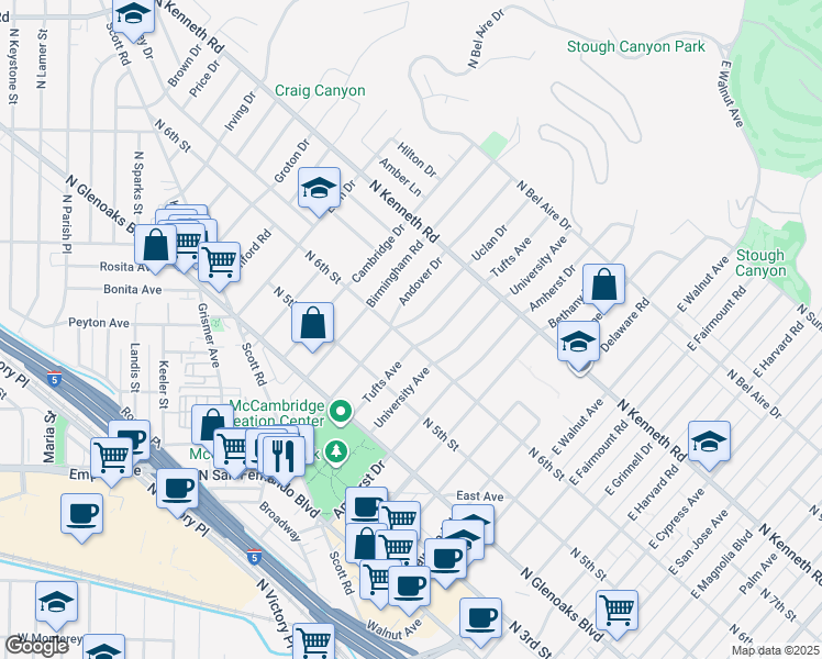 map of restaurants, bars, coffee shops, grocery stores, and more near 606 Uclan Drive in Burbank