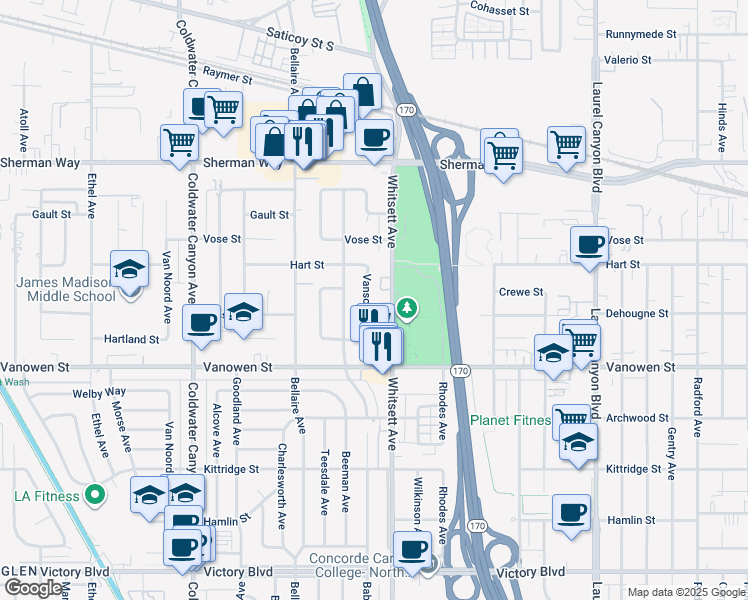 map of restaurants, bars, coffee shops, grocery stores, and more near 6916 Vanscoy Avenue in Los Angeles