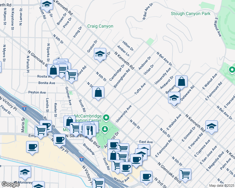 map of restaurants, bars, coffee shops, grocery stores, and more near 535 Andover Drive in Burbank
