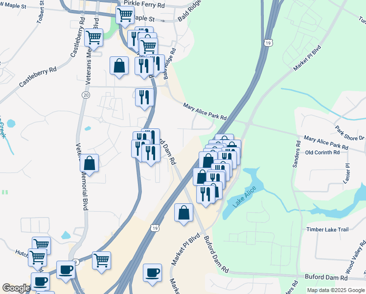 map of restaurants, bars, coffee shops, grocery stores, and more near 535 Shamrock Drive in Cumming