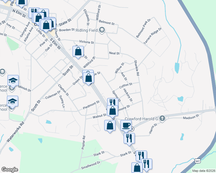 map of restaurants, bars, coffee shops, grocery stores, and more near 198 Spring Street in Commerce