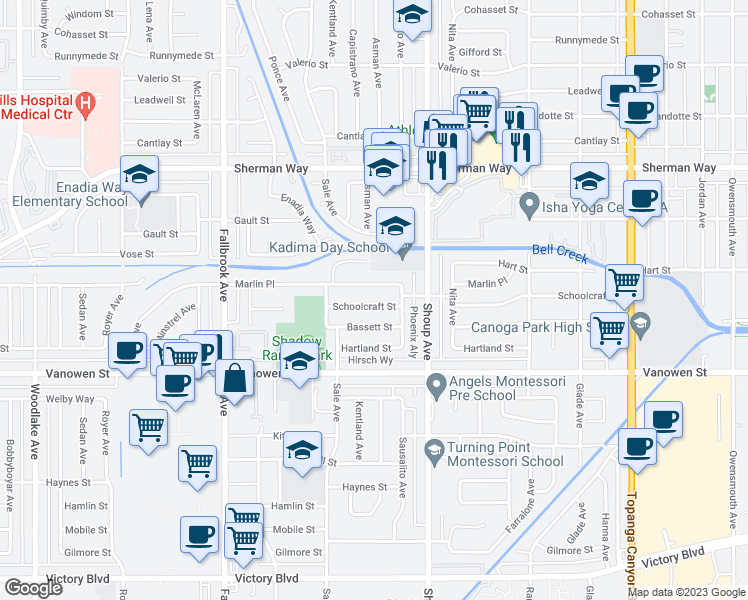 map of restaurants, bars, coffee shops, grocery stores, and more near 22501 Schoolcraft Street in Los Angeles
