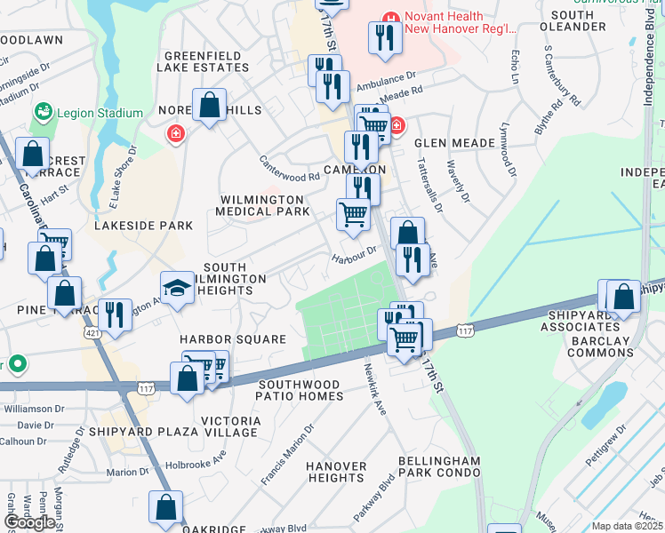 map of restaurants, bars, coffee shops, grocery stores, and more near 2509 Flint Drive in Wilmington