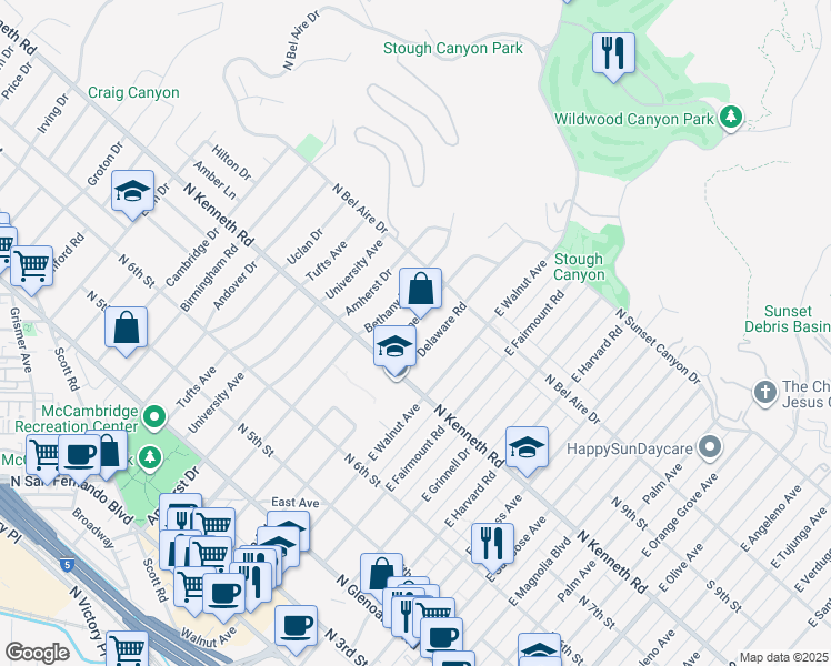 map of restaurants, bars, coffee shops, grocery stores, and more near 842 Cornell Drive in Burbank
