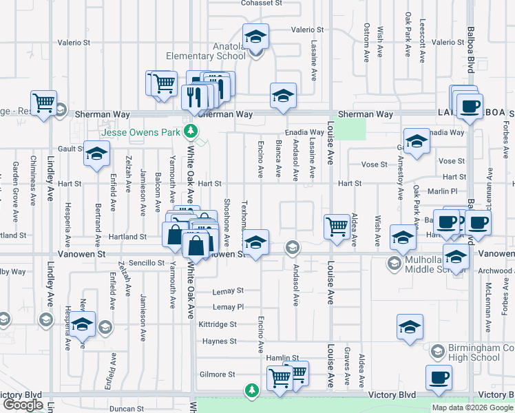 map of restaurants, bars, coffee shops, grocery stores, and more near 6921 Encino Avenue in Los Angeles