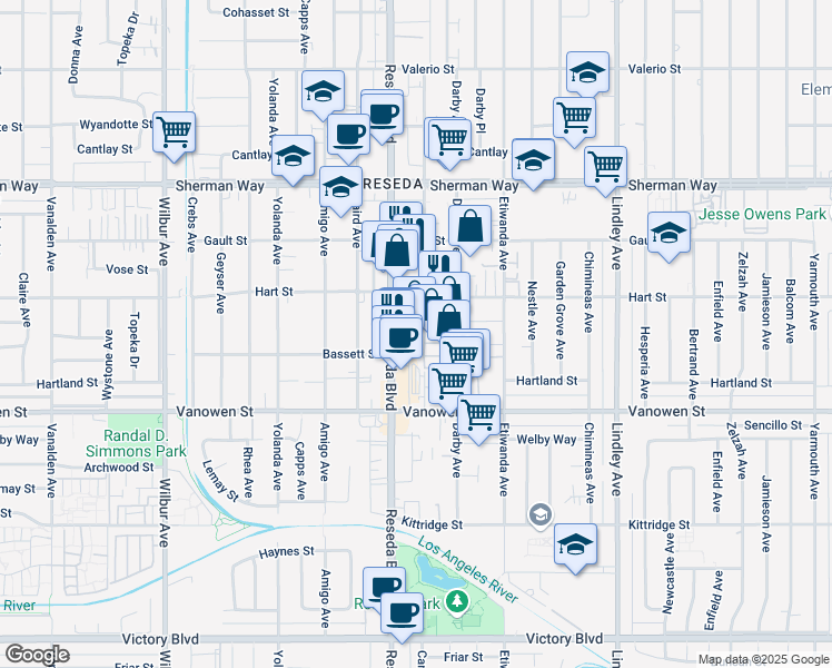 map of restaurants, bars, coffee shops, grocery stores, and more near 6925 Canby Avenue in Los Angeles