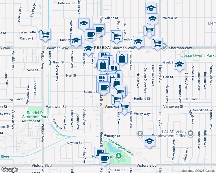 map of restaurants, bars, coffee shops, grocery stores, and more near 6925 Canby Avenue in Los Angeles