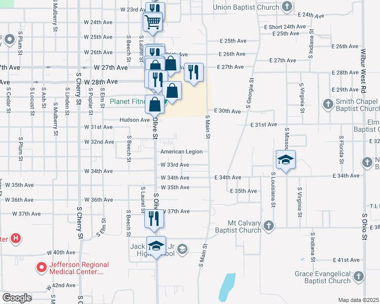 map of restaurants, bars, coffee shops, grocery stores, and more near 101-303 American Legion in Pine Bluff