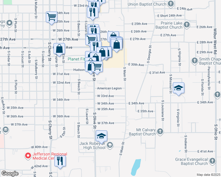 map of restaurants, bars, coffee shops, grocery stores, and more near 101-303 American Legion in Pine Bluff