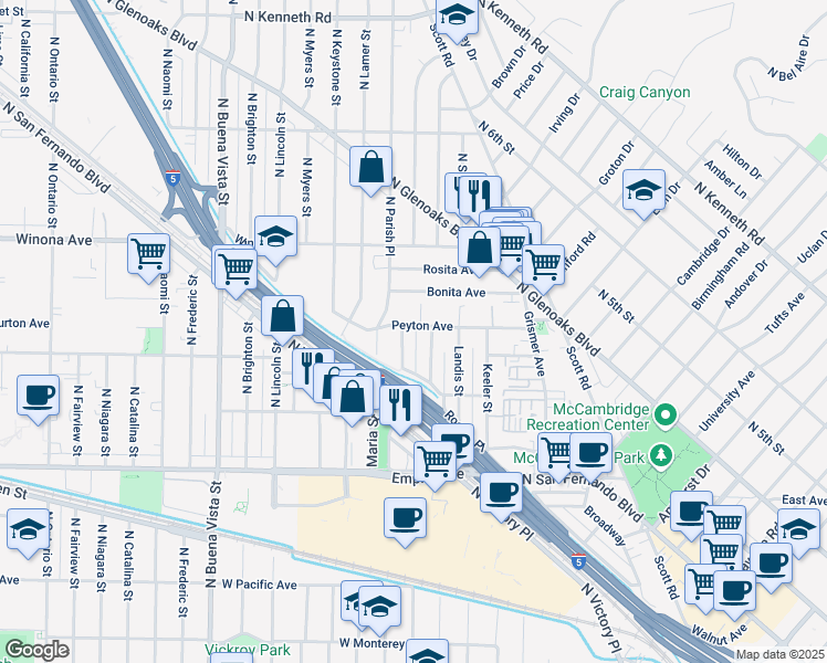 map of restaurants, bars, coffee shops, grocery stores, and more near 2021 Peyton Avenue in Burbank