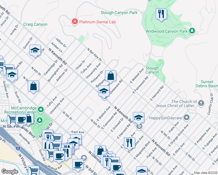 map of restaurants, bars, coffee shops, grocery stores, and more near 842 Cornell Drive in Burbank