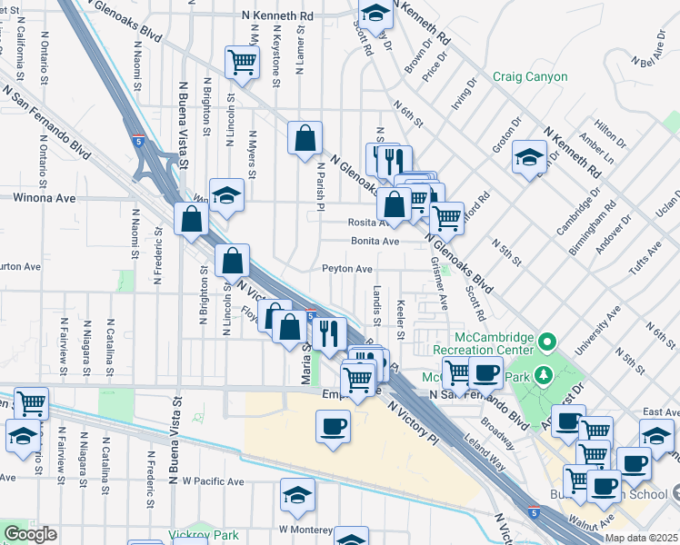 map of restaurants, bars, coffee shops, grocery stores, and more near 2014 Peyton Avenue in Burbank