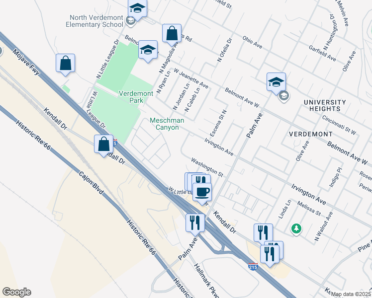 map of restaurants, bars, coffee shops, grocery stores, and more near 3322 Washington Street in San Bernardino