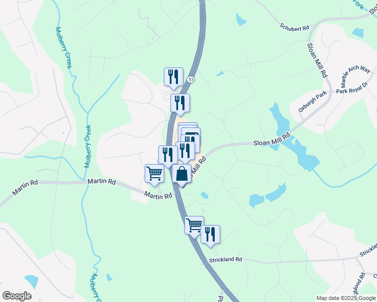 map of restaurants, bars, coffee shops, grocery stores, and more near 4025 Winder Highway in Flowery Branch