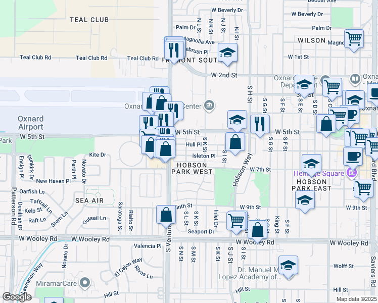 map of restaurants, bars, coffee shops, grocery stores, and more near 3 South M Street in Oxnard