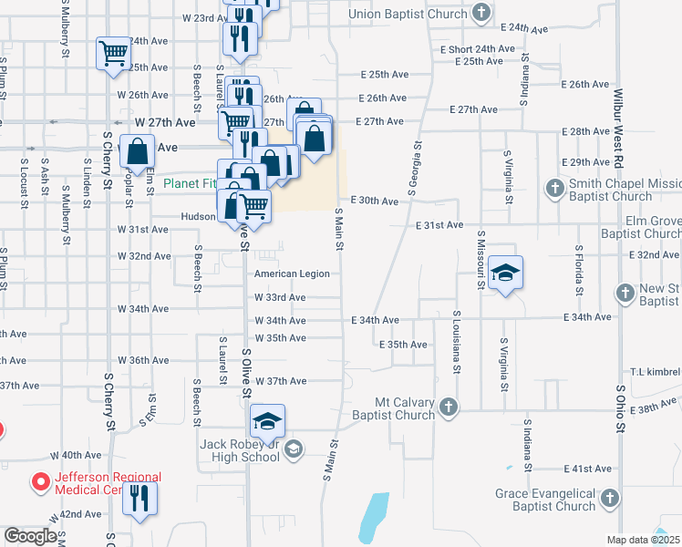 map of restaurants, bars, coffee shops, grocery stores, and more near 101 American Legion in Pine Bluff