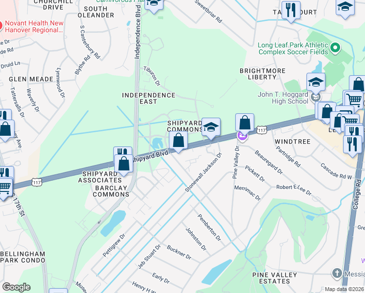 map of restaurants, bars, coffee shops, grocery stores, and more near Shipyard Boulevard in Wilmington