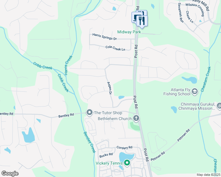 map of restaurants, bars, coffee shops, grocery stores, and more near Aspen Drive in Cumming