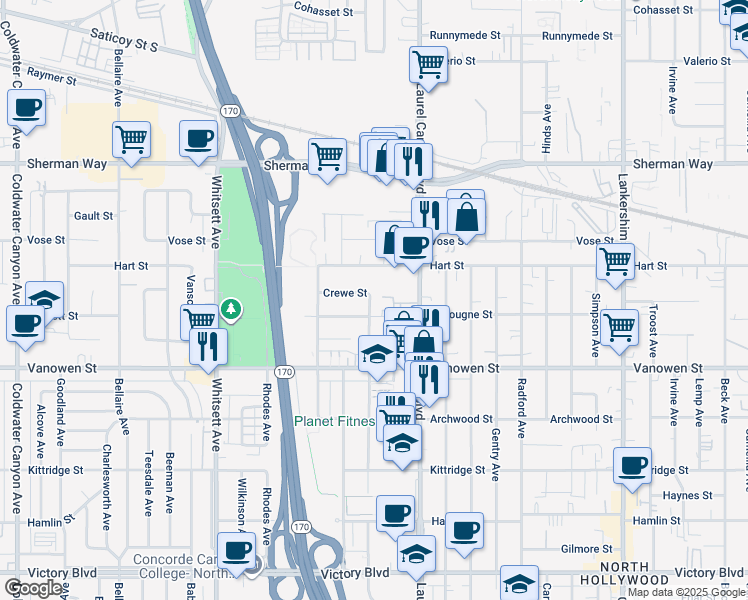 map of restaurants, bars, coffee shops, grocery stores, and more near 6918 Bellingham Avenue in Los Angeles