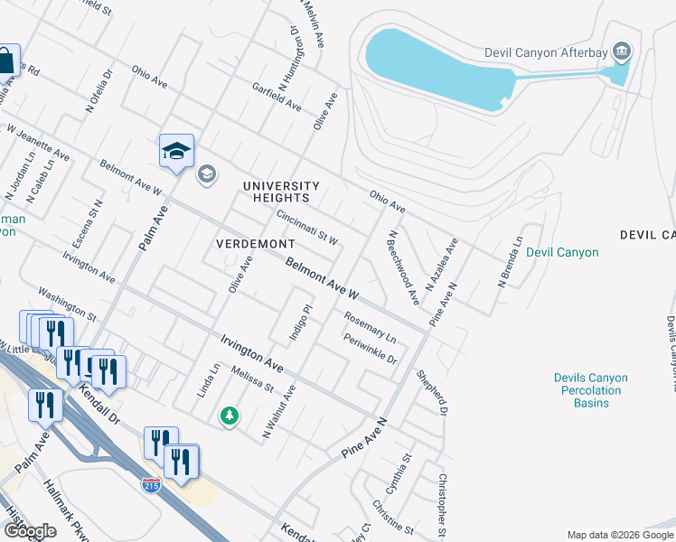 map of restaurants, bars, coffee shops, grocery stores, and more near 6365 Toledo Lane in San Bernardino