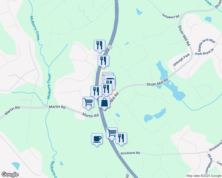 map of restaurants, bars, coffee shops, grocery stores, and more near 4025 Winder Highway in Flowery Branch