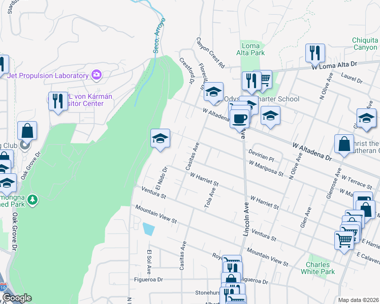 map of restaurants, bars, coffee shops, grocery stores, and more near 2967 Casitas Avenue in Altadena