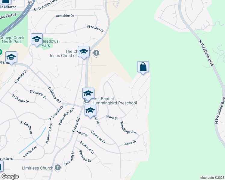map of restaurants, bars, coffee shops, grocery stores, and more near Sapra Street in Thousand Oaks