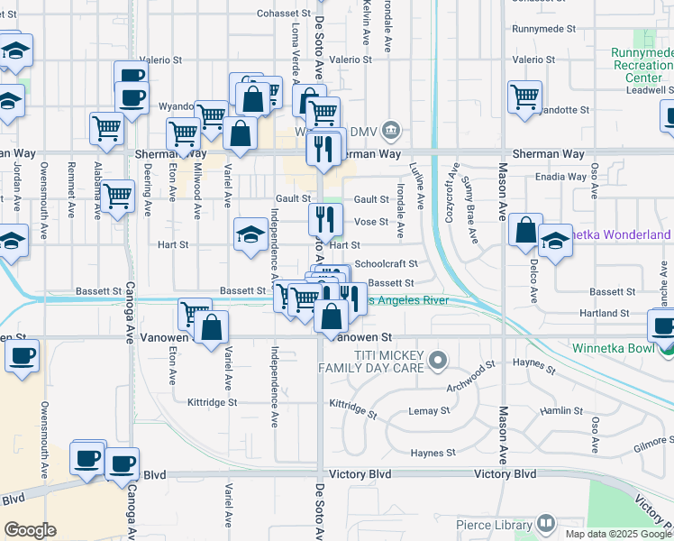 map of restaurants, bars, coffee shops, grocery stores, and more near 6925 Gazette Avenue in Los Angeles
