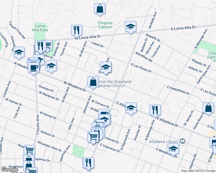 map of restaurants, bars, coffee shops, grocery stores, and more near 110 West Palm Street in Altadena