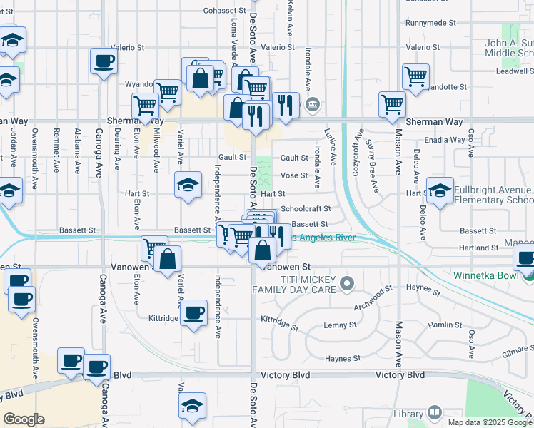 map of restaurants, bars, coffee shops, grocery stores, and more near 6925 Gazette Avenue in Los Angeles